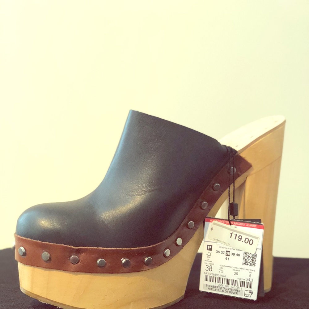 Zara blk w/brwn leather nail trim platform clog